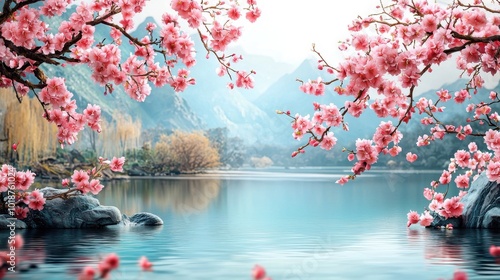 Wallpaper Mural Serene lake surrounded by pink cherry blossoms reflecting in calm waters at dawn in a picturesque landscape Torontodigital.ca