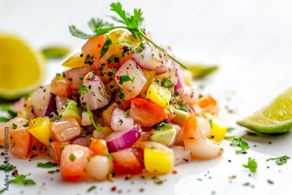 Produce a side view of a vibrant, fresh fish ceviche on a pristine white background Focus on intricate details and bright colors. Produce a side view of a vibrant, fresh fish ceviche on a pristine white background Focus on intricate details and bright colors.