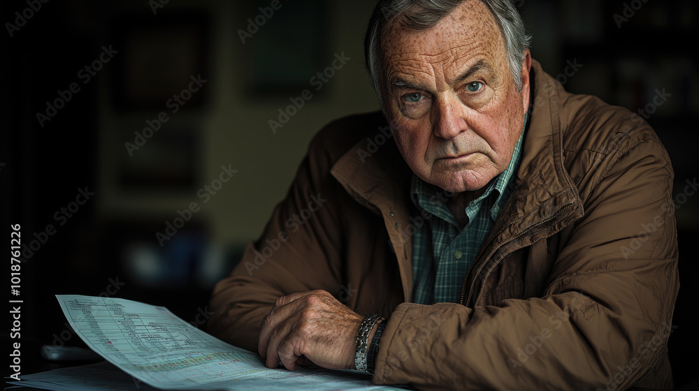An older man examines papers with a serious expression while seated at a table in a warm, inviting indoor environment An older man examines papers with a serious expression while seated at a table in a warm, inviting indoor environment
