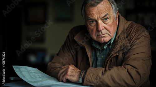 An older man examines papers with a serious expression while seated at a table in a warm, inviting indoor environment