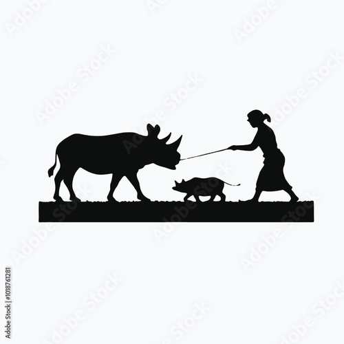 A silhouette of a person herding a rhinoceros in a grassy field 