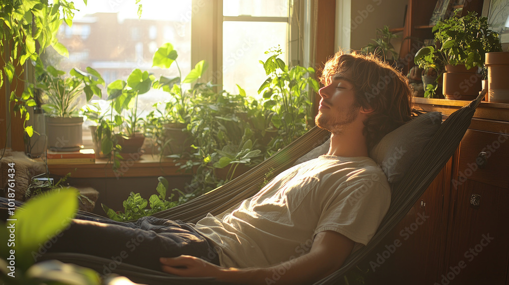 A man enjoys a peaceful moment in a hammock, surrounded by houseplants as sunlight streams through the window in the afternoon A man enjoys a peaceful moment in a hammock, surrounded by houseplants as sunlight streams through the window in the afternoon