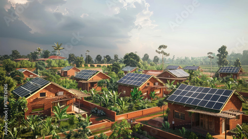 A renewable energy project transforming a rural village with solar energy systems, water conservation technologies, and eco-friendly homes. Clean, innovative design.