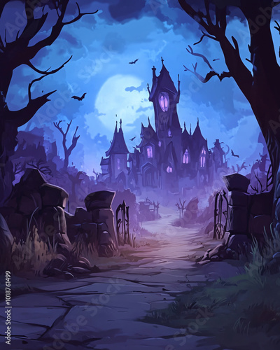 halloween themed cartoon background, mobile format 4:5, pumpkin, autumn, moon, night, bat, horror, spooky, illustration, vector, scary, cartoon, dark, tree, orange, celebration, october, witch, 4:5