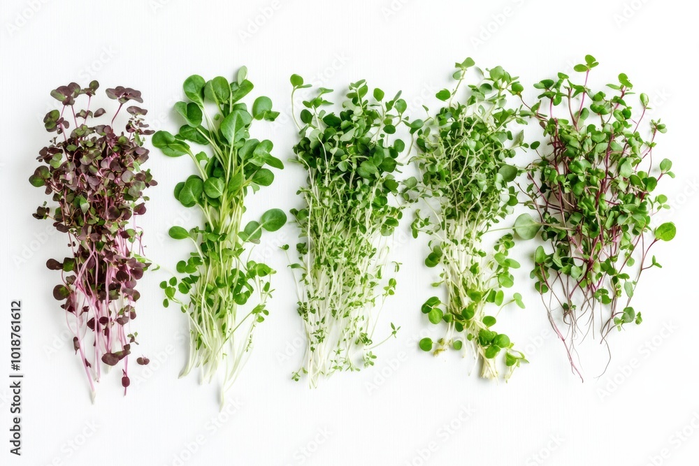 Obraz premium Render a captivating image of microgreen vegetables including sunflower sprouts and pea shoots, showcasing intricate details and textures, all against a stark white background.,