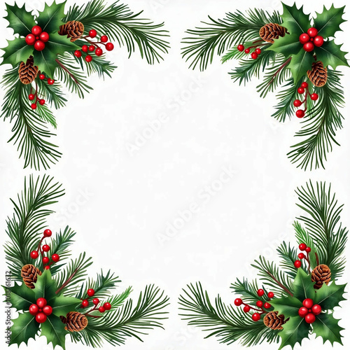 a christmas wreath with holly and pine cones