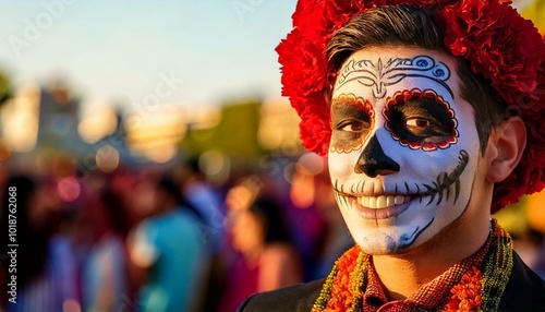 jovem com maquiagem temática festiva e flores na rua, conceito dia de los muertos photo