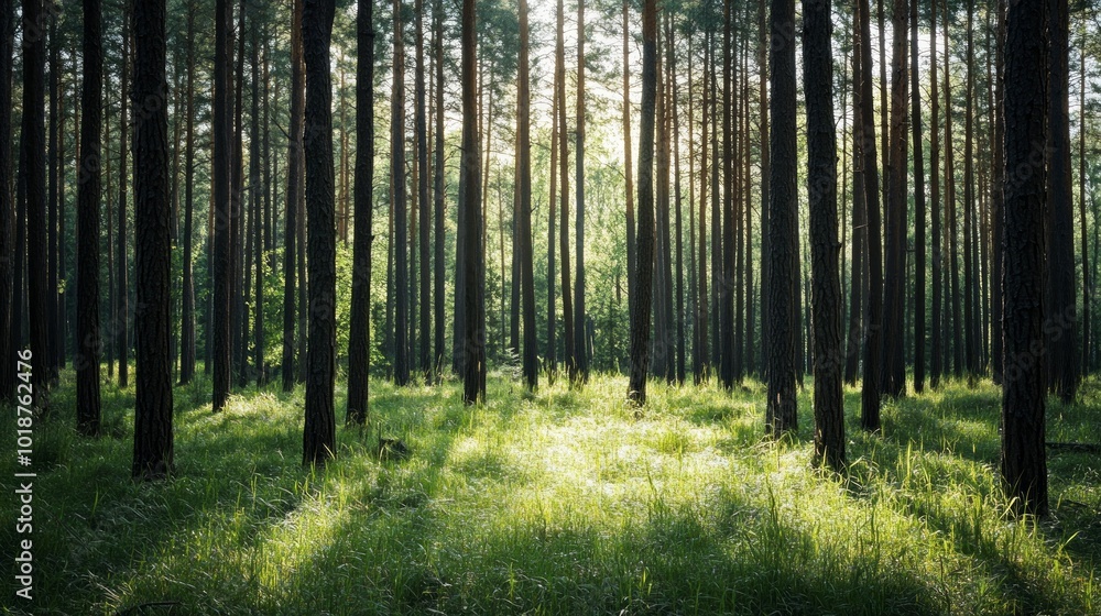 Sun rays illuminate a dense pine forest with green grass in the foreground. Sun rays illuminate a dense pine forest with green grass in the foreground.