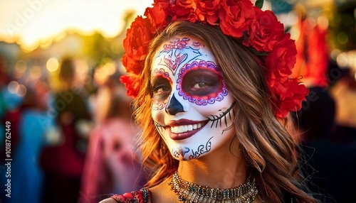 jovem sorrindo com maquiagem temática festiva na rua, conceito dia de los muertos photo