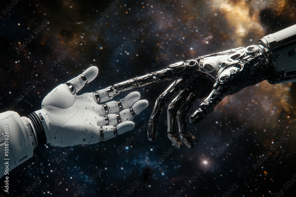 a human and robot hand working together in space, portraying a sense of unity and efficiency Use CG 3D to highlight the intricate details of both hands and the space environment. a human and robot hand working together in space, portraying a sense of unity and efficiency Use CG 3D to highlight the intricate details of both hands and the space environment.