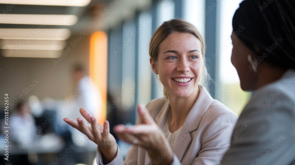 Two women engaged in a lively conversation in a modern office, showcasing the essence of teamwork and collaboration in a professional environment. Two women engaged in a lively conversation in a modern office, showcasing the essence of teamwork and collaboration in a professional environment.