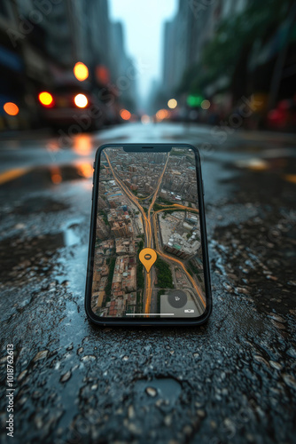 A smartphone rests on a wet street, showcasing a detailed map while nearby city lights create a vibrant atmosphere during rainy weather