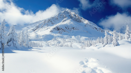 Wallpaper Mural A beautiful winter scene showcases a majestic snow-capped mountain surrounded by frosty fir trees under bright blue skies in midday Torontodigital.ca
