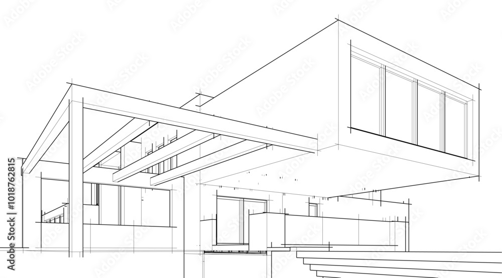 Fototapeta premium Architectural sketch drawing of modern house 3d illustration 3d rendering