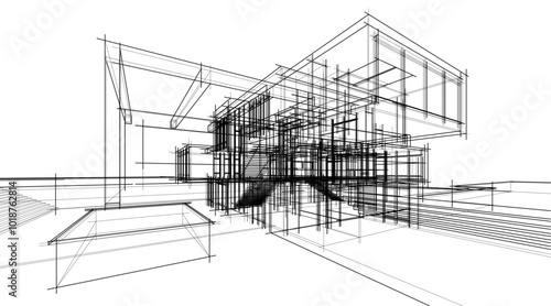 Architectural sketch drawing of modern house 3d illustration 3d rendering