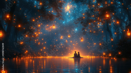 Two individuals sit on a floating platform in a calm lake, surrounded by shimmering lanterns that create a magical evening atmosphere