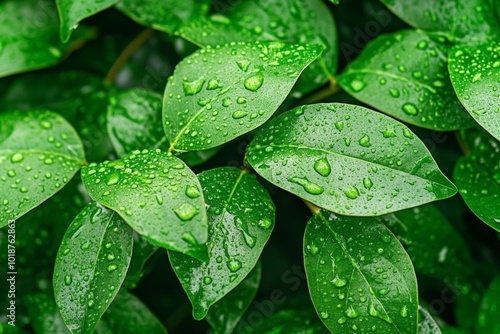 Tropical green leaves with water droplets, captured in crisp detail, showing the fresh, dewy texture of the leaves after a light rain, perfect for promoting natural freshness and health.