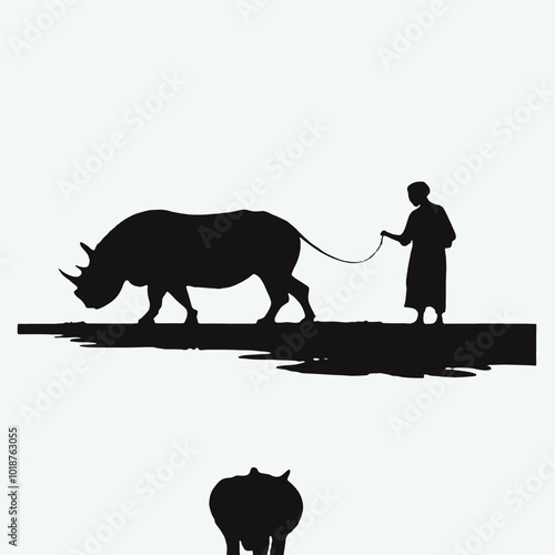 A silhouette of a person herding a rhinoceros in a grassy field 
