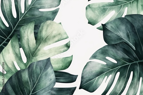 Tropical leaves in watercolor style, with soft gradients of green blending seamlessly together, creating a delicate and artistic look for interior decor or botanical-themed art. photo