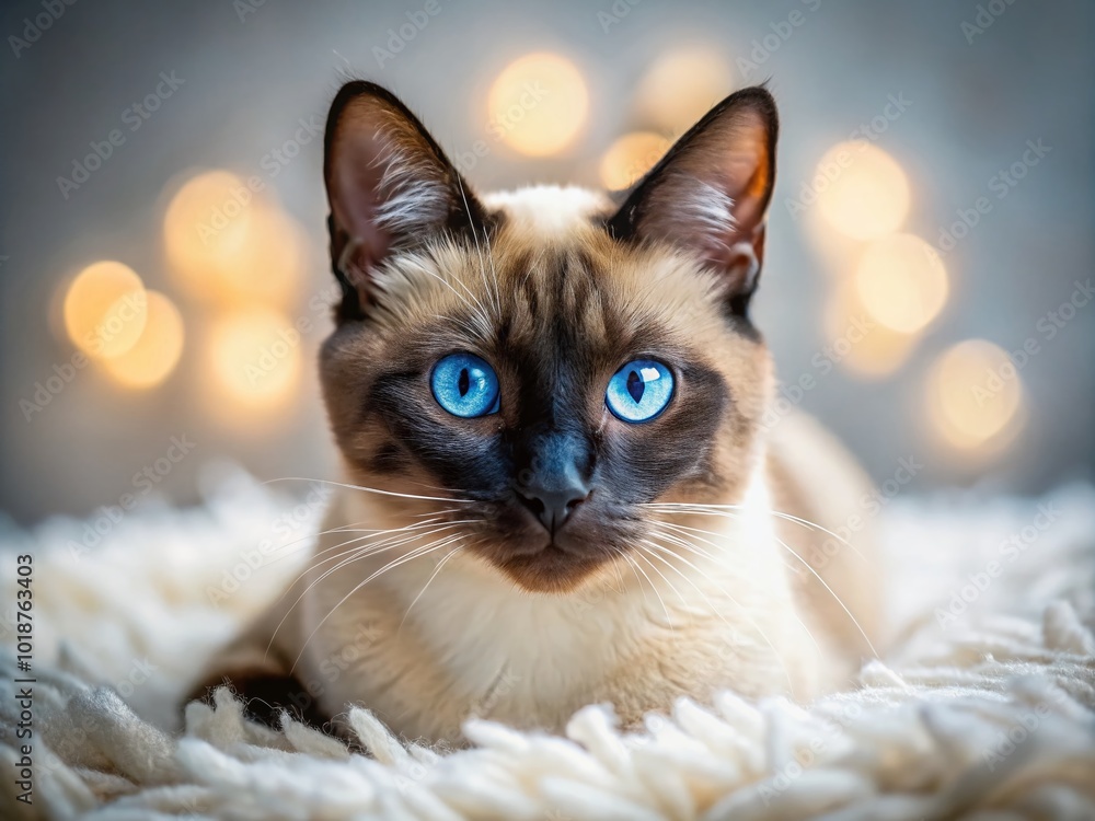 Elegant Seal Point Lynx Siamese Cat Relaxing on a Soft Blanket with Striking Blue Eyes and Graceful Fur Elegant Seal Point Lynx Siamese Cat Relaxing on a Soft Blanket with Striking Blue Eyes and Graceful Fur
