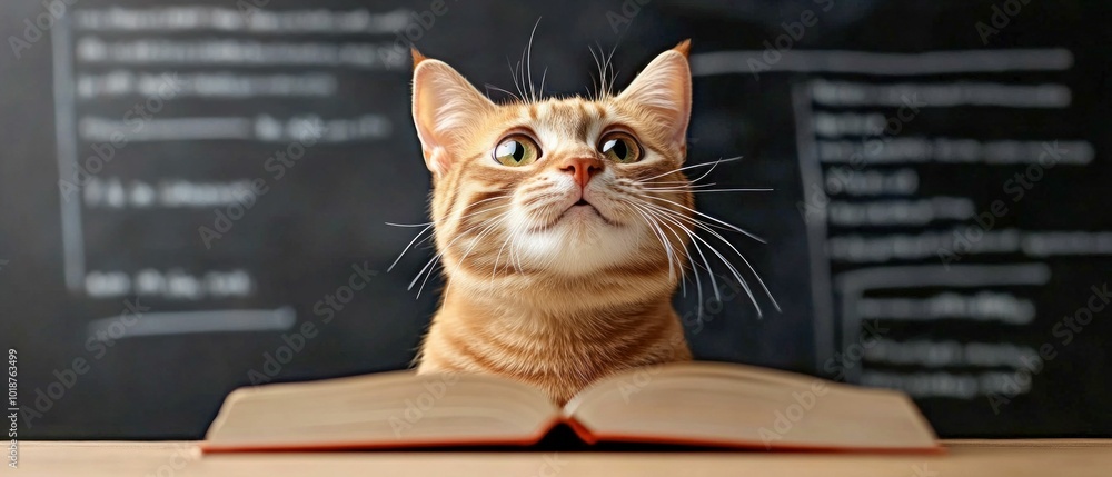 Cat Sitting in Front of an Open Book in a Classroom Cat Sitting in Front of an Open Book in a Classroom