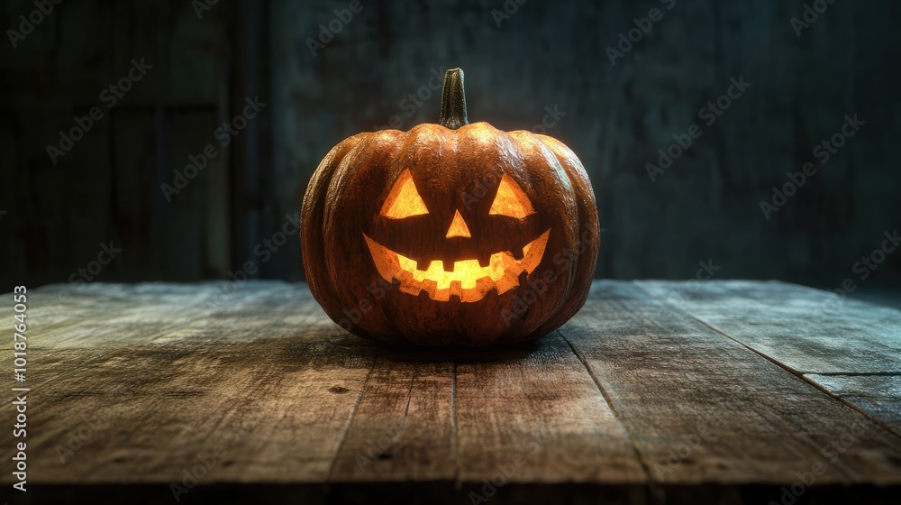 Halloween Pumpkin on wooden table in front of spooky dark background. Jack o lantern Halloween Pumpkin on wooden table in front of spooky dark background. Jack o lantern