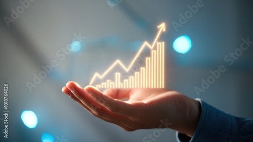 A hand holding a glowing graph with an upward trend, symbolizing growth and success in business and financial sectors. Perfect for illustrating financial concepts.