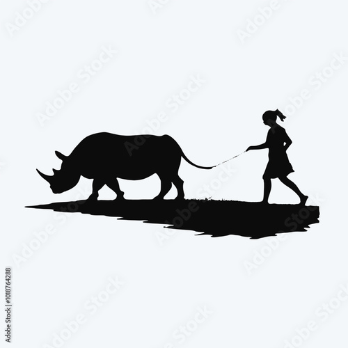 A silhouette of a person herding a rhinoceros in a grassy field 