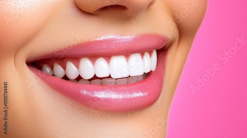 Bright Smile with White Teeth on Pink Background