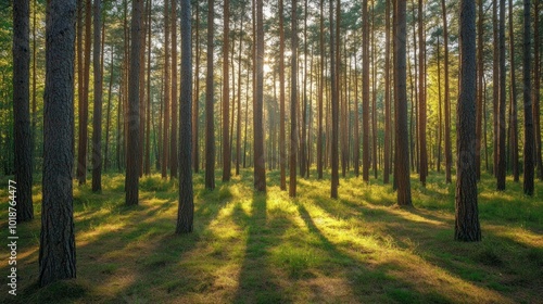 Sunbeams shining through the trees in a dense pine forest.