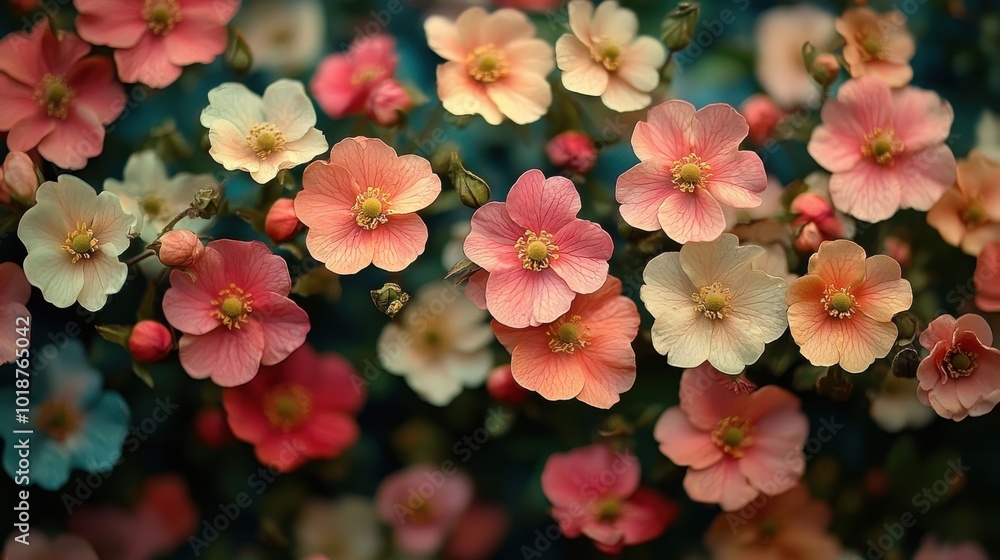 A vibrant display of blooming flowers in varying shades of pink and cream during springtime against a lush green backdrop A vibrant display of blooming flowers in varying shades of pink and cream during springtime against a lush green backdrop