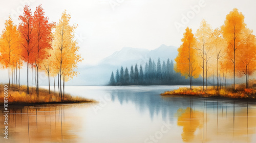 serene lake reflects vibrant autumn trees, creating peaceful atmosphere. soft colors and gentle landscape evoke sense of tranquility and natural beauty