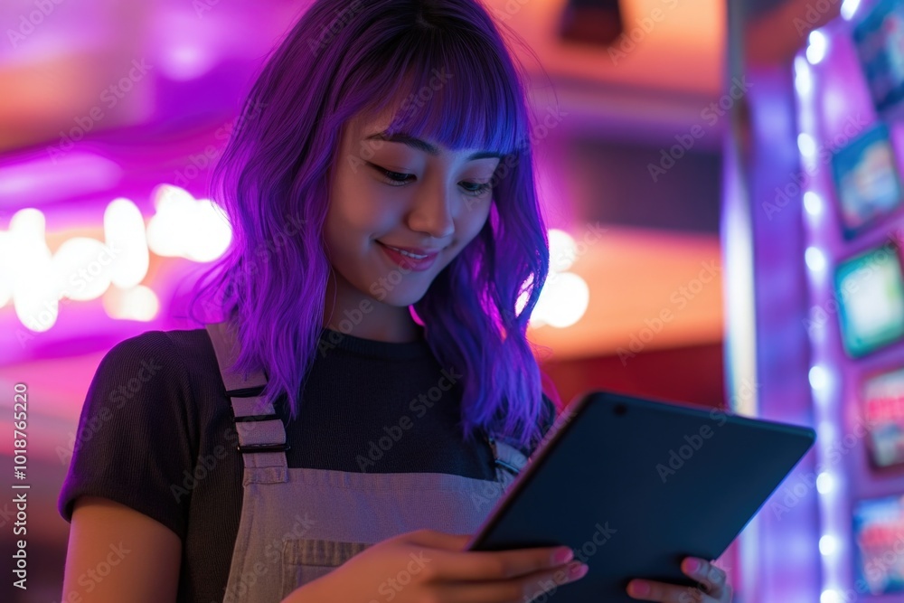 A young woman with bright purple hair typing away on a tablet computer A young woman with bright purple hair typing away on a tablet computer