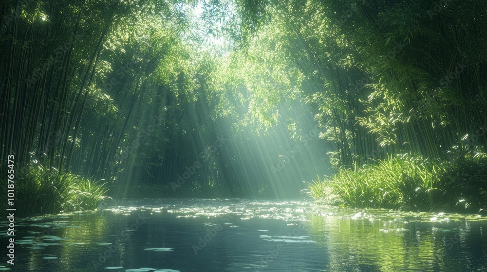 Sunlight streams through a dense bamboo forest, illuminating a tranquil river with lily pads. Sunlight streams through a dense bamboo forest, illuminating a tranquil river with lily pads.