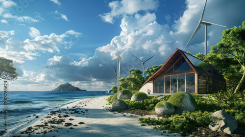 A research project dedicated to developing renewable energy solutions for small islands, with modern, eco-friendly designs and a focus on sustainability. photo