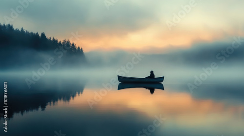 serene lake at dawn with soft reflections and lone figure in boat, surrounded by misty trees, creates tranquil atmosphere