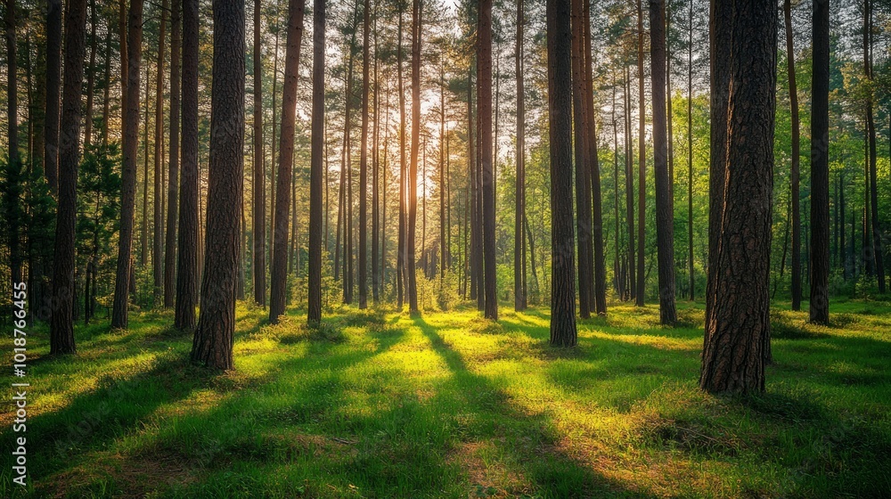 Fototapeta premium Sunlight streams through the tall trees of a pine forest, illuminating the green undergrowth.