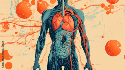 Artistic anatomical illustration of human circulatory and digestive systems with abstract design