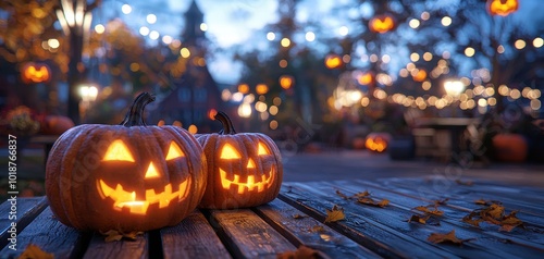 Two glowing jack-o'-lanterns on a wooden table, surrounded by autumn leaves.