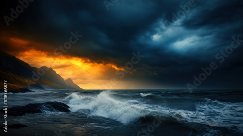 stormy night over rocky coastline with dramatic waves crashing against shore, illuminated by fiery sunset. scene evokes sense of awe and power of nature