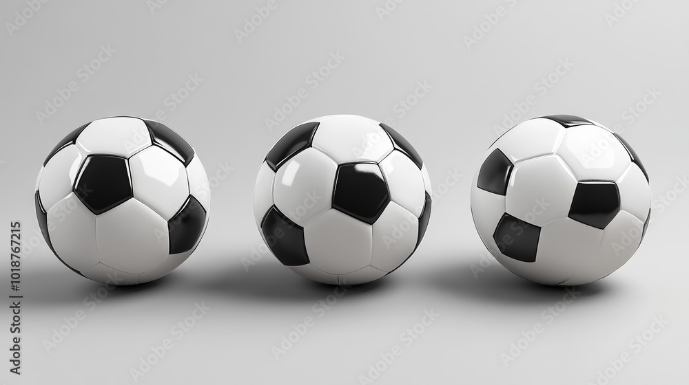 Three black and white soccer balls in a row on a white background. Three black and white soccer balls in a row on a white background.