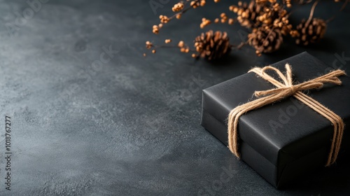 A simple black gift box, elegantly wrapped with rustic twine, is placed on a dark table, surrounded by delicate dried autumn elements conveying warmth and simplicity. photo