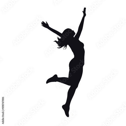 A silhouette of a woman jumping with her arms raised 