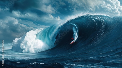 A surfer riding the crest of a massive wave, harnessing the energy and thrill of the ocean s power, surfer on wave, ocean adventure photo