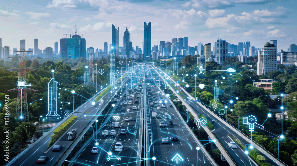 A smart city powered by AI-driven renewable energy solutions, with electric vehicles, smart homes, and green infrastructure seamlessly connected. Sleek, innovative design.