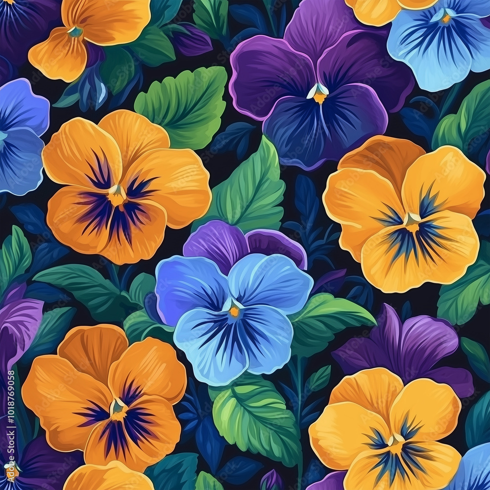 Colorful Pansy Flower Pattern with Green Leaves on Dark Background for Decoration and Design Colorful Pansy Flower Pattern with Green Leaves on Dark Background for Decoration and Design