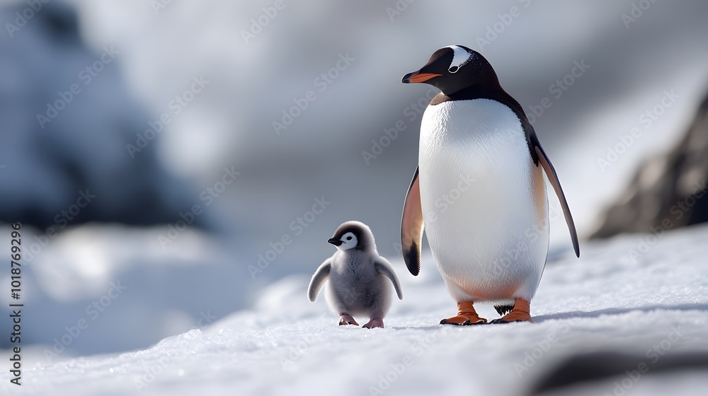 Naklejka premium Adult and Chick Gentoo Penguin Standing on Snow