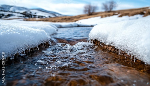 Snow melting into a mountain stream, representing the seasonal transformation of water from solid to liquid, snowmelt water, seasonal water power