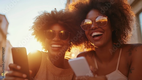 Two young women are depicted joyfully laughing together while using smartphones, capturing a moment of friendship and connectivity in a sunlit urban setting. photo