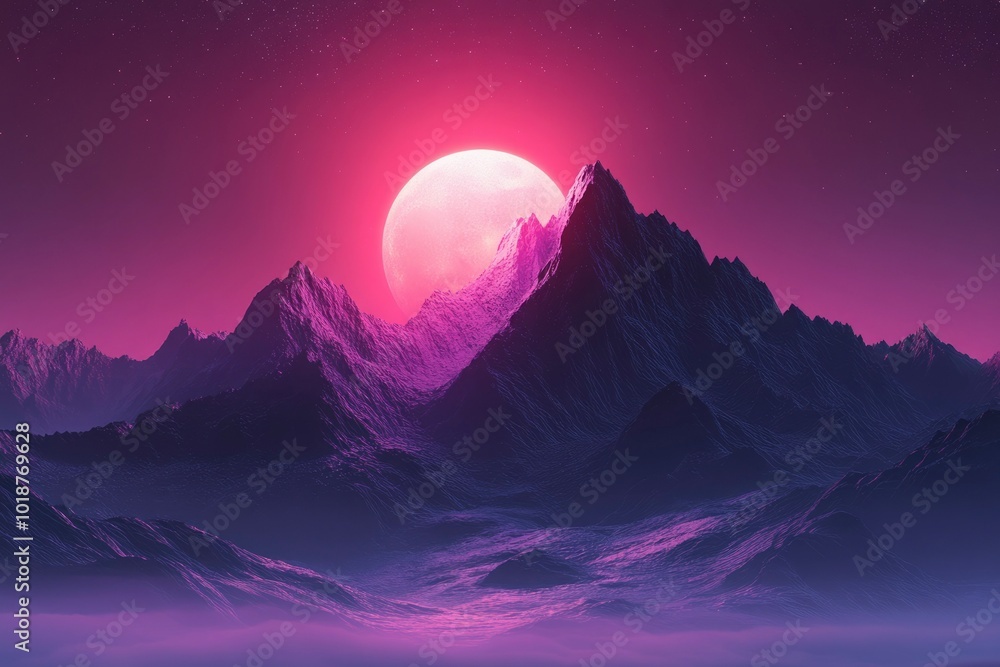 Fototapeta premium A Large Pink Moon Rising Over a Mountain Range